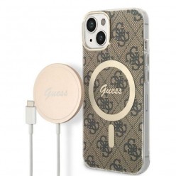 Oryginalny Zestaw GUESS GUBPP14MH4EACSW do iPhone 14 Plus (Bundle Pack Magsafe: Case + Charger / 4G / Złoty - Brązowy)