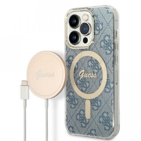 Oryginalny Zestaw GUESS GUBPP14LH4EACSB do iPhone 14 Pro (Bundle Pack Magsafe: Case + Charger / 4G / Złoty - Niebieski)