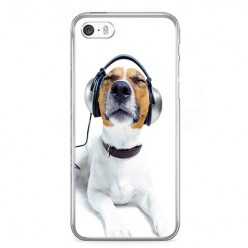 Etui na telefon iPhone SE - pies słuchający muzyki.