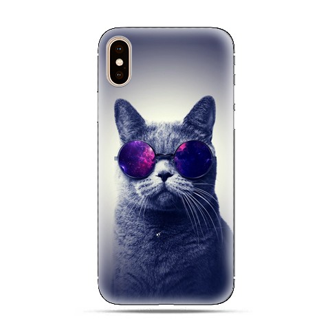 Modne etui na telefon - kot w okularach galaktyka.
