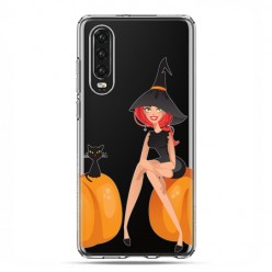 Huawei P30 - silikonowe etui na telefon - Halloween, czarownica, kot i dynie