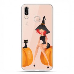 Huawei P20 Lite - etui nakładka na telefon Halloween, czarownica kot i dynie