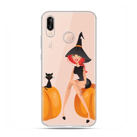 Huawei P20 Lite - etui nakładka na telefon Halloween, czarownica kot i dynie