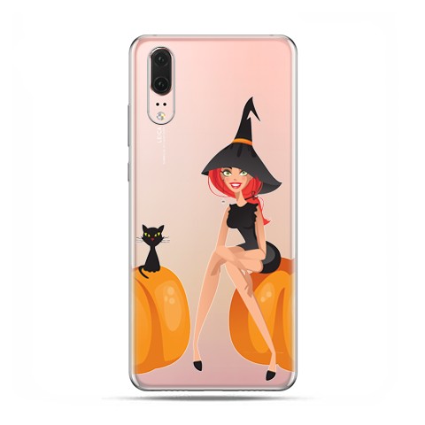Huawei P20 - etui na telefon z grafiką - Halloween, czarownica, kot i dynie