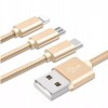 Ładowarka 3w1 kabel pleciony do iPhone + Micro USB + Typ-C - Złoty