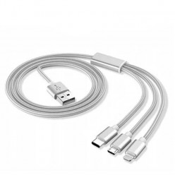 Ładowarka 3w1 kabel pleciony do iPhone + Micro USB + Typ-C - Srebrny
