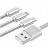 Ładowarka 3w1 kabel pleciony do iPhone + Micro USB + Typ-C - Srebrny